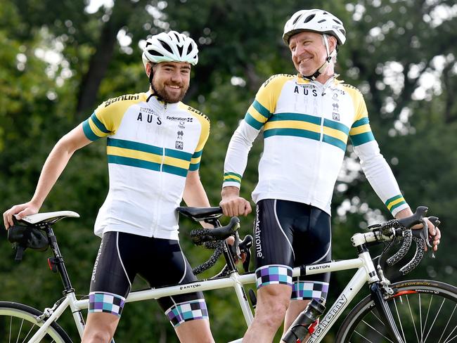 18/01/20 - Beau Wootton (left) who is legally blind, recently won the men's tandem national title last weekend in Ballarat. Pictured with Mike Hoile (his pilot rider). Beau has dedicated the win to late Paralympic champion Keiran Modra, who was his mentor and got him into the sport. Picture: Naomi Jellicoe