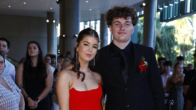 Ashlee McKenzie and Josh Van Kruistum arrive at the Peace Lutheran College formal evening at the Cairns Convention Centre. Picture: Brendan Radke