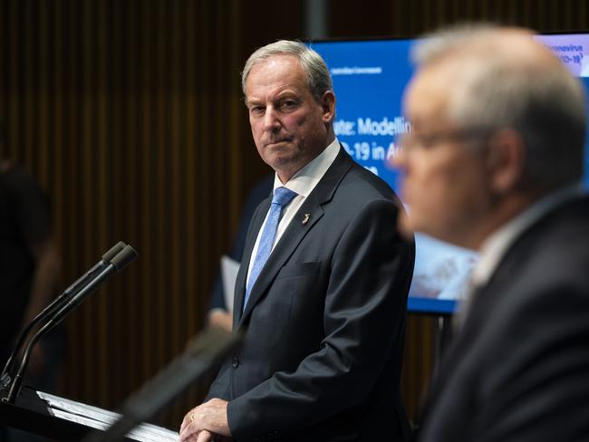 CANBERRA, AUSTRALIA - MAY 01: Australian Aged Care Minister Richard Colbeck at a press conference alongside Prime Minister Scott Morrison on May 01, 2020 at Parliament House in Canberra, Australia. The ACT became the first Australian state or territory to be free of any known COVID-19 cases on Thursday, following the recovery of the last person to contract the coronavirus in Canberra. Despite the local elimination of the virus, ACT health authorities have confirmed current restrictions on travel, gatherings and social distancing will remain in place, as will expanding testing to asymptomatic patients and those with mild symptons to ensure there are no further outbreaks. (Photo by Rohan Thomson/Getty Images)