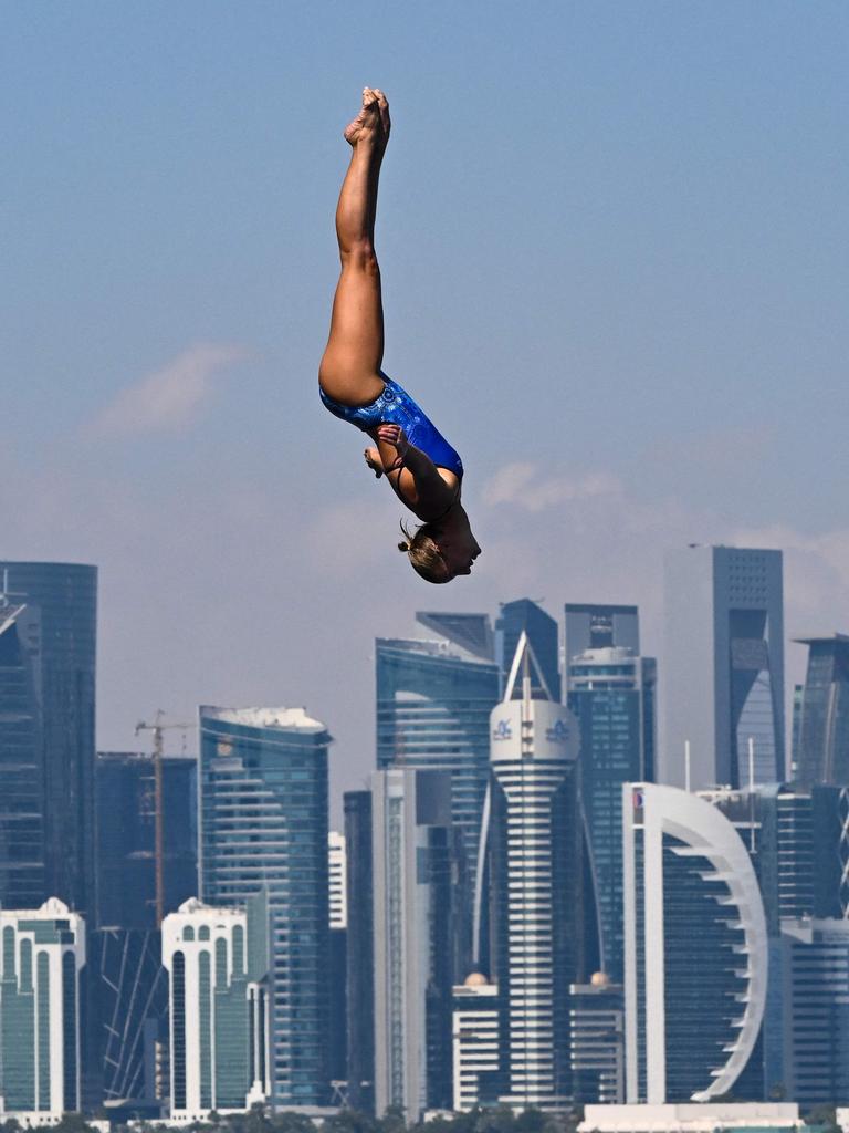 Rhiannan Iffland competes in the preliminary round of the women's 20m high diving event during the 2024 World Aquatics Championships at Doha Port. Picture: Sebastien Bozon/AFP