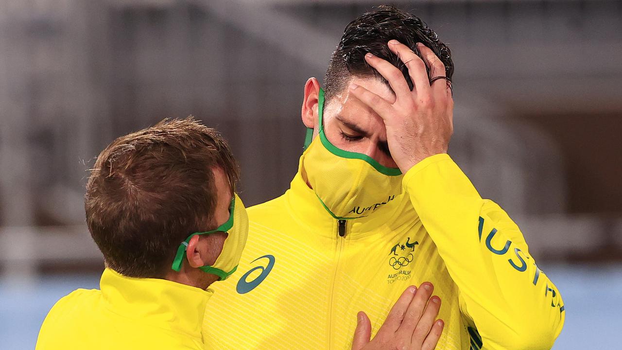 Jacob Whetton and Blake Govers were emotional after missing penalty shots in the gold medal match against Belgium at the 2021 Tokyo Olympics. Picture: Adam Head