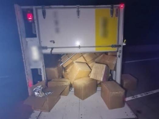 Boxes of allegedly illicit tobacco in a truck that rolled on the Pacific Highway near Tucabia, in northern NSW, on May 4, 2025. Picture: NSW Police