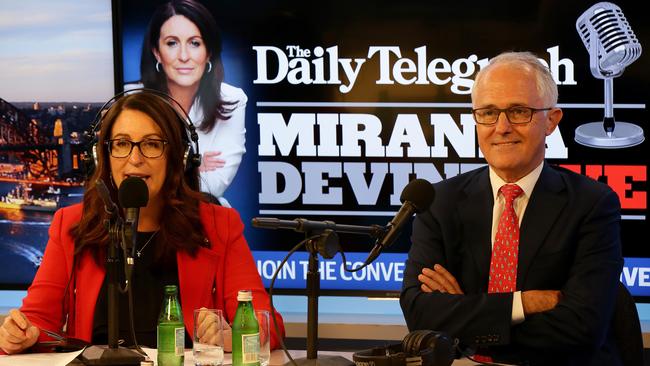 Daily Telegraph columnist Miranda Devine with Prime Minister Malcolm Turnbull for the first Miranda Live radio show at News Corp Australia’s Surry Hills office on Monday. Picture: Jonathan Ng