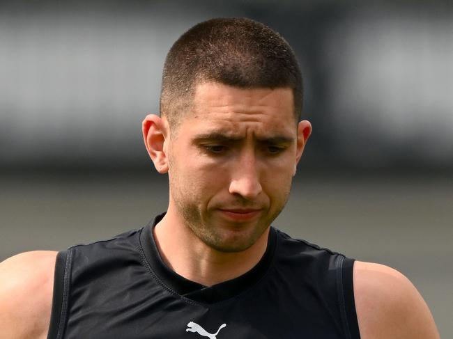 MELBOURNE, AUSTRALIA - SEPTEMBER 18: Jacob Weitering of the Blues trains during a Carlton Blues AFL training session at Ikon Park on September 18, 2023 in Melbourne, Australia. (Photo by Morgan Hancock/Getty Images)