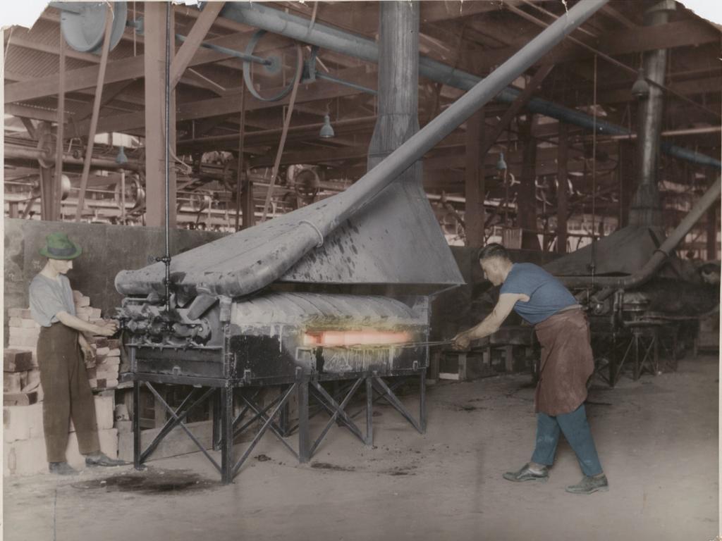 Men working in the forge in the Holden’s Motor Body Builders workshop around 1925-1930.