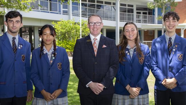 Left: Trinity Catholic College Ministry Captains, Mena Penanueva and Liam Moloney with school Captains Daniel Pereira and Perinn McDermott (right) and newly appointed lay Principal Jesse Smith.