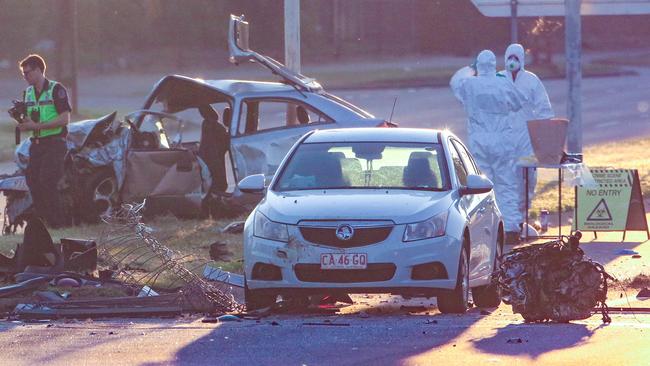 Police investigate the scene of a horror crash on Trower Rd at Lakeside Dr overnight. Picture: Glenn Campbell