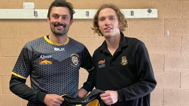 Lobethal youngster Michael Wilden with Alex Georgiou. Picture: Lobethal Football Club