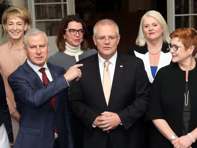 2019 Coalition government swearing-in ceremony at Government House in Canberra. Rear Row: Senator Linda Reynolds, Senator Michaelia Cash, Anne Ruston and Karen Andrews.Front Row: Bridget McKenzie, Michael McCormack, Prime Minister Scott Morrison, Senator Marise Payne and Sussan Ley.