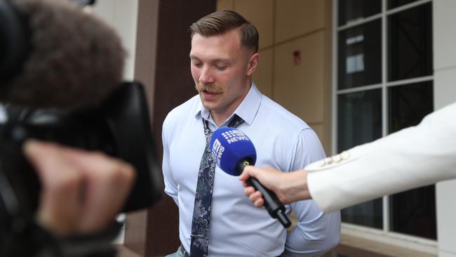 American Marine Anthony Long outside the Supreme Court in Darwin after being found not guilty of raping a hungover woman on Robertson Barracks in late 2023. Picture: Zizi Averill