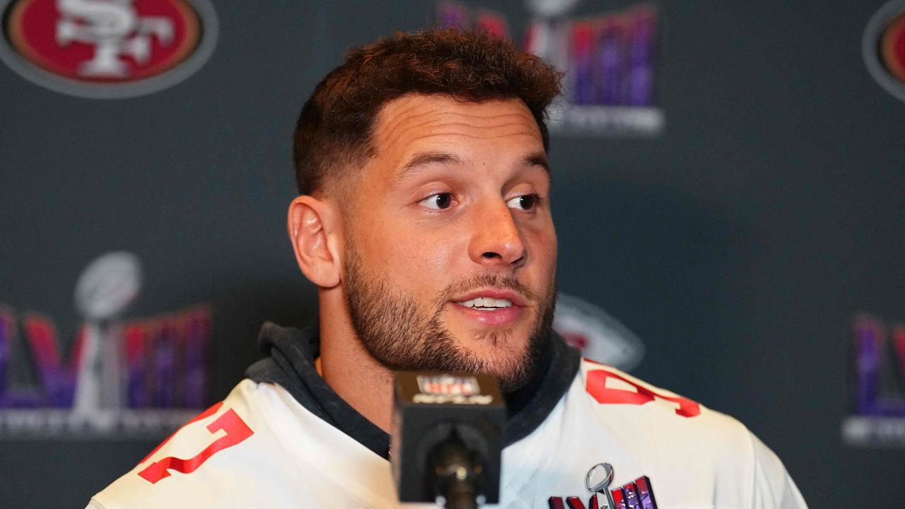 HENDERSON, NEVADA - FEBRUARY 07: Nick Bosa #97 speaks to the media during San Francisco 49ers media availability ahead of Super Bowl LVIII at Hilton Lake Las Vegas Resort and Spa on February 07, 2024 in Henderson, Nevada. Chris Unger/Getty Images/AFP (Photo by Chris Unger / GETTY IMAGES NORTH AMERICA / Getty Images via AFP)