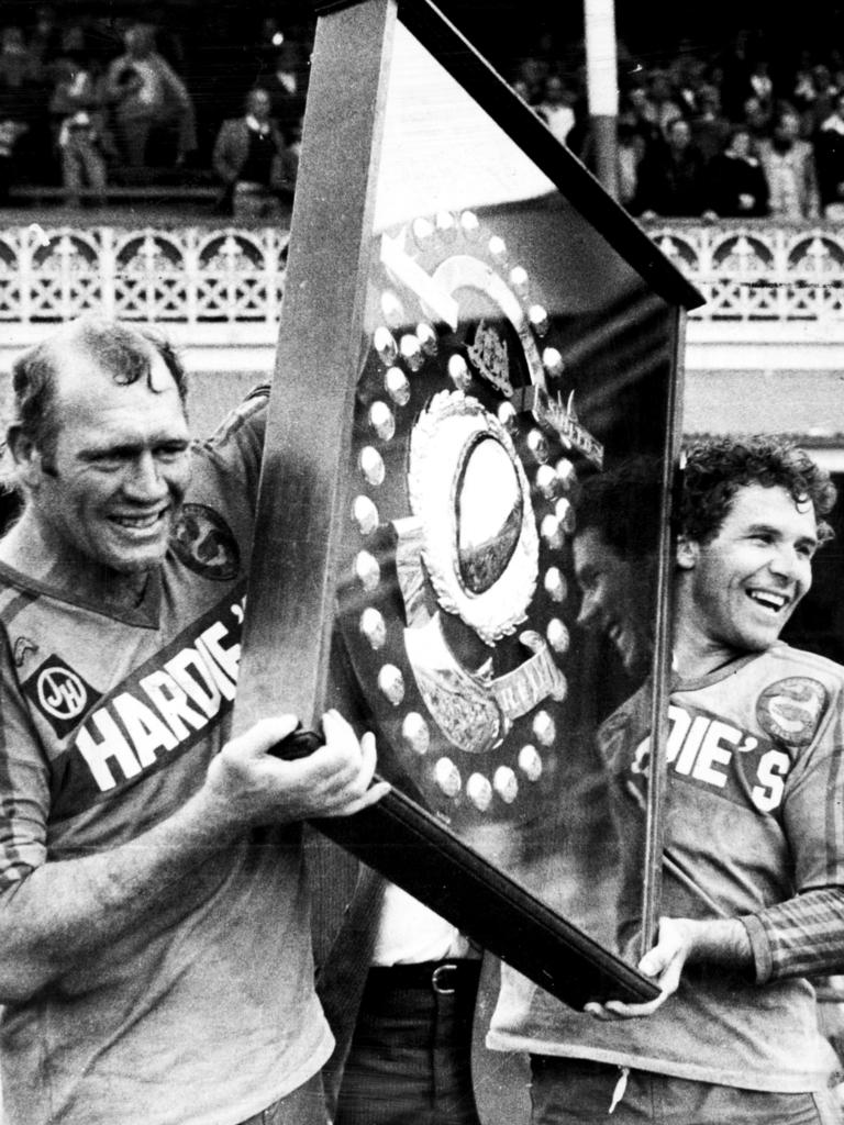 Bob O'Reilly and captain Steve Edge hold up JJ Giltinan Shield after the 1981 Parramatta v Newtown grand final. Picture: News Limited