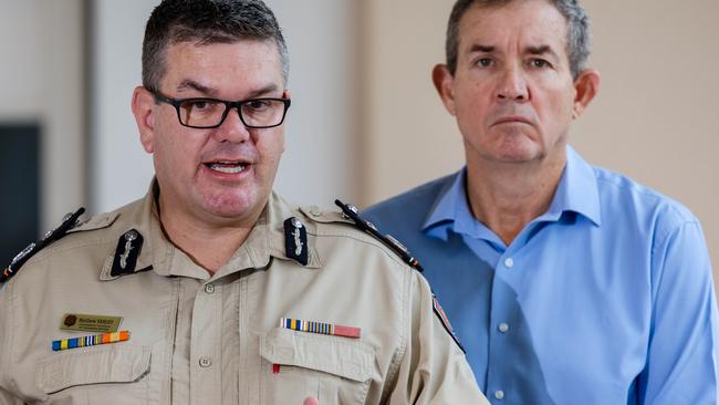 Corrections Commissioner Matthew Varley and NT deputy Chief Minister Minister Gerard Maley speaking outside of NT Parliament on Thursday ahead of a vote on a bill that will allow private contractors to take on prison officer roles. Picture: Pema Tamang Pakhrin