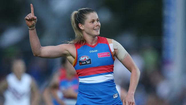Western Bulldogs captain Katie Brennan celebrates a goal during her team’s first ever AFLW game. Picture: Wayne Ludbey