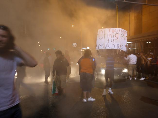 Anti-Trump protesters block the streets. Picture: Brennan Linsley