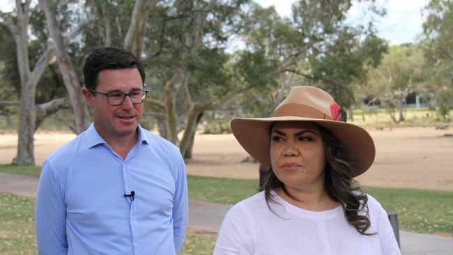 CLP NT senator Jacinta Nampijinpa Price speaking with Nationals leader David Littleproud in Alice Springs. Picture: Gera Kazakov