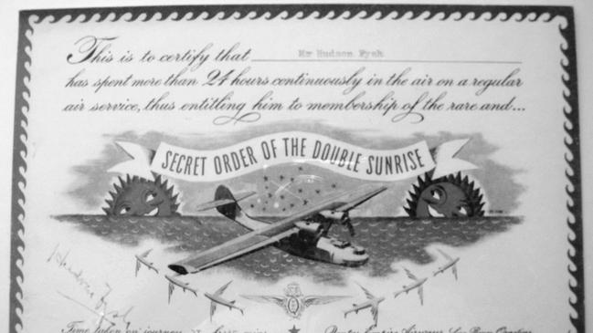 The Double Sunrise Certificate earned by Hudson Fysh in August 1943 when he flew home on the Catalina service after a visit to the UK. Picture: Supplied.