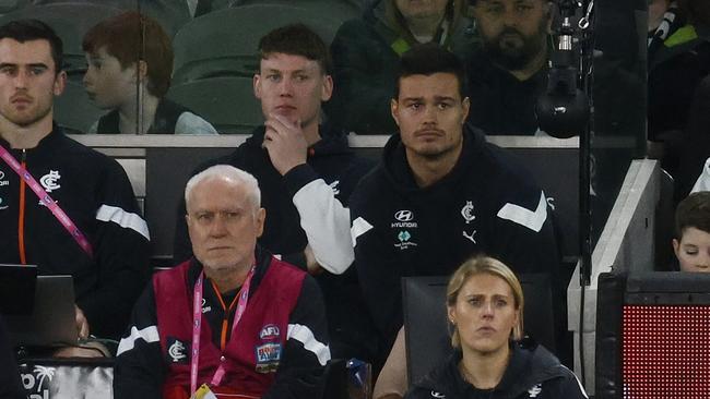 Sam Walsh and Jack Silvagni were injured on Saturday afternoon. Picture: Daniel Pockett/Getty Images