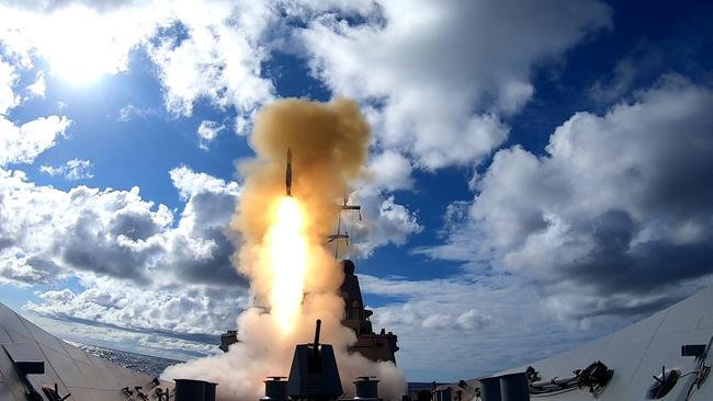 The new air warfare destroyer HMAS Hobart conducts a live-fire exercise using a vertically launched medium-range missile, the RIM-66 Standard Missile 2. Picture: ADF