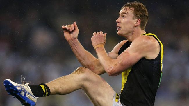 Tom Lynch kicks one of his five goals against Collingwood. Picture: Michael Klein