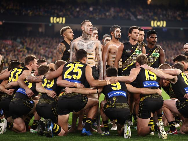 Richmond’s Indigenous players lead the pre-game event at the 2023 Dreamtime at the G. Picture: Michael Klein