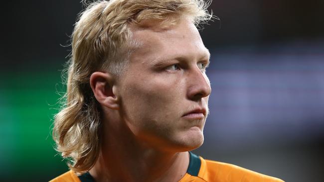 SYDNEY, AUSTRALIA - JULY 15: Carter Gordon of the Wallabies looks on prior to The Rugby Championship match between the Australia Wallabies and Argentina at CommBank Stadium on July 15, 2023 in Sydney, Australia. (Photo by Jason McCawley/Getty Images)