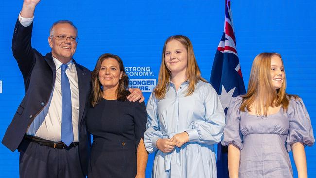 Prime Minister Scott Morrison with his wife Jenny, and daughters Abbey and Lily. Picture: Jason Edwards