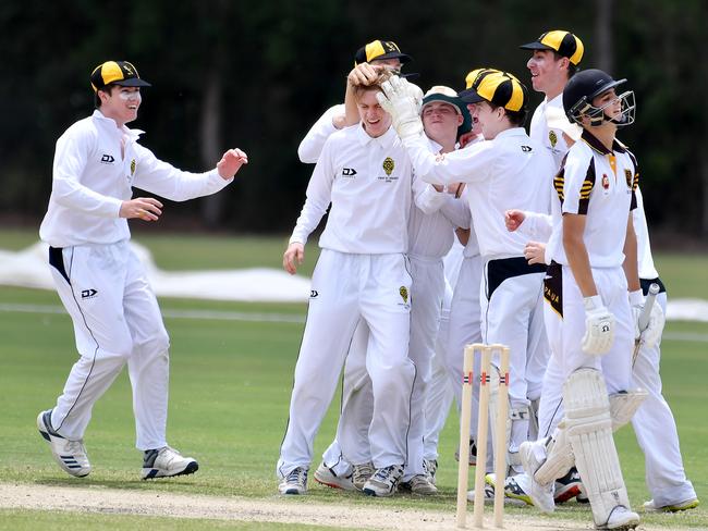 St Laurence's College players celebrate a wicket. Padua College v St Laurence's CollegeSaturday February 12, 2022. Picture, John Gass