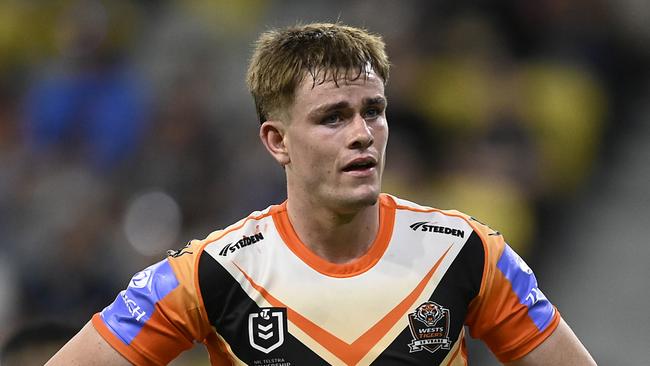 TOWNSVILLE, AUSTRALIA - MAY 24: Lachlan Galvin of the Tigers looks on after a Cowboys try during the round 12 NRL match between North Queensland Cowboys and Wests Tigers at Qld Country Bank Stadium, on May 24, 2024, in Townsville, Australia. (Photo by Ian Hitchcock/Getty Images)