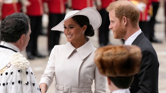 Prince Harry and Meghan Markle arrive for the National Service of Thanksgiving to Celebrate the Platinum Jubilee of Her Majesty The Queen. Picture: Getty Images