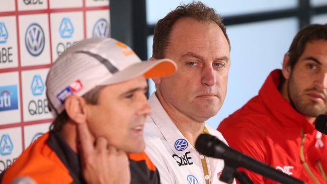 Pictured at Spotless Stadium in Homebush ahead of their game on Saturday GWS coach Leon Cameron , Swans coach John Longmire and Swans Captain Josh Kennedy. Picture: Richard Dobson