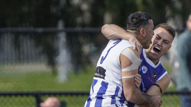 Langwarrin’s Blake Peach (left) was among his side’s best players in its win over Bonbeach. Picture: Valeriu Campan