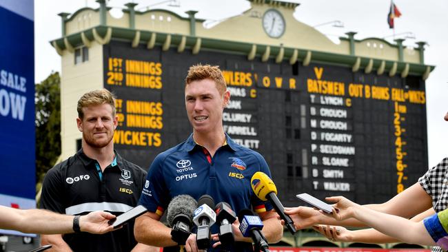 Footballers Tom Jonas from Port Adelaide and Tom Lynch from Adelaide will captain their respective sides in the Bushfire appeal T20 cricket game which will at Adelaide Oval. Picture: AAP/Sam Wundke