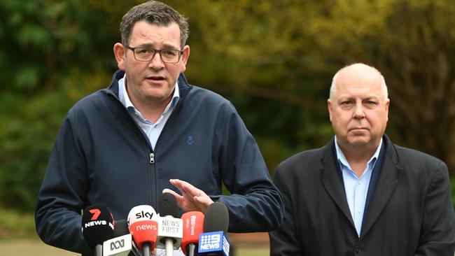 Premier Daniel Andrews and Treasurer Tim Pallas address the media over the Commonwealth Games bill. Picture: Tony Gough