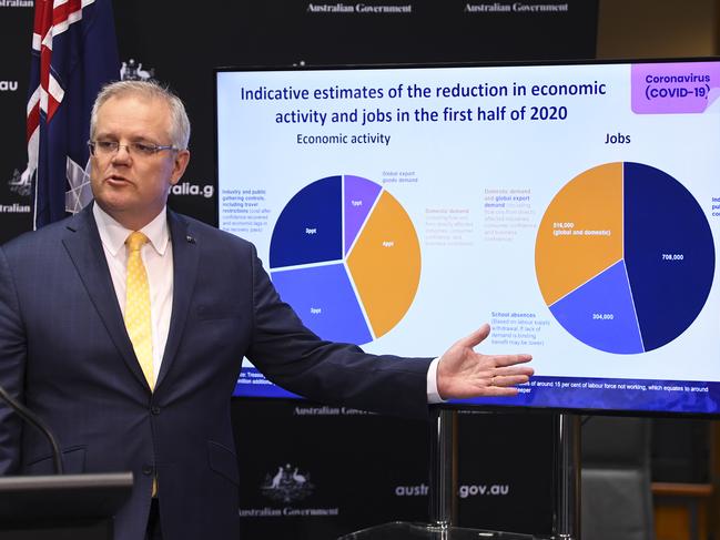 Australian Prime Minister Scott Morrison speaks to the media during a press conference at Parliament House in Canberra, Tuesday, May 5, 2020. (AAP Image/Lukas Coch) NO ARCHIVING