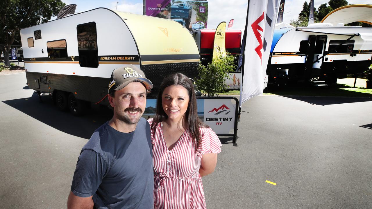 Edens Hill couple Taylor Greenaway and Hannah Goodwin support calls for caravan owners to undergo special licence tests. Picture Glenn Hampson