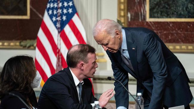 Joe Biden confers with National Security Adviser Jake Sullivan during a roundtable with Jewish community leaders in in Washington on Wednesday. Picture: AFP