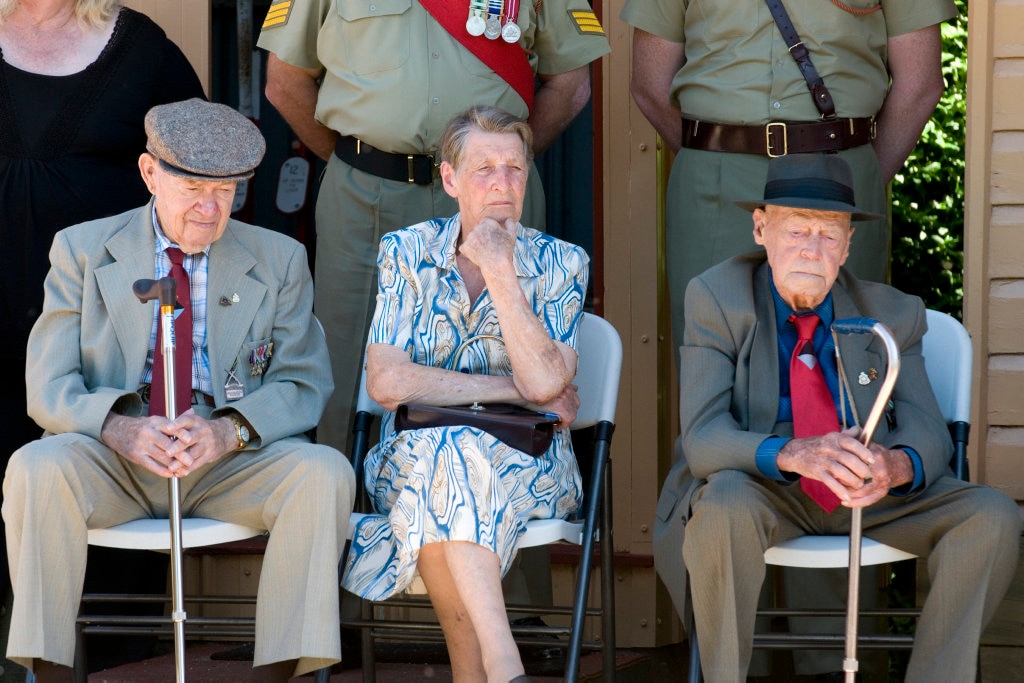 From left; Kevin and Rene Olsen and Bert Miles at the 25th Battalion rememberance at Spring Bluff Railway, Sunday, March 17, 2013. Photo Kevin Farmer / The Chronicle. Picture: Kevin Farmer