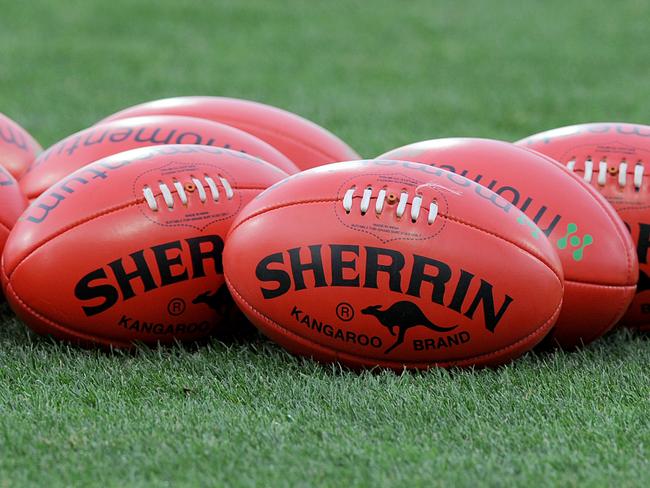 Footballs used for training during the round 1 AFL match between the Geelong Cats and the Adelaide Crows, at Simonds Stadium in Geelong, Thursday, March 20, 2014. (AAP Image/Joe Castro) NO ARCHIVING, EDITORIAL USE ONLY