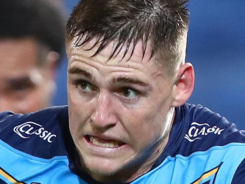 GOLD COAST, AUSTRALIA - AUGUST 25: Alexander Brimson of the Titans makes a break during the round 24 NRL match between the Gold Coast Titans and the Melbourne Storm at Cbus Super Stadium on August 25, 2018 in Gold Coast, Australia. (Photo by Chris Hyde/Getty Images)