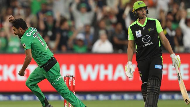 Haris Rauf picks up the wicket of Daniel Sams to claim his hat-trick. Picture: Getty Images