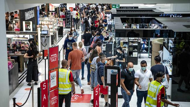 Shoppers were out in force at Myer in Sydney’s CBD for Boxing Day sales yesterday afternoon. Picture: Monique Harmer