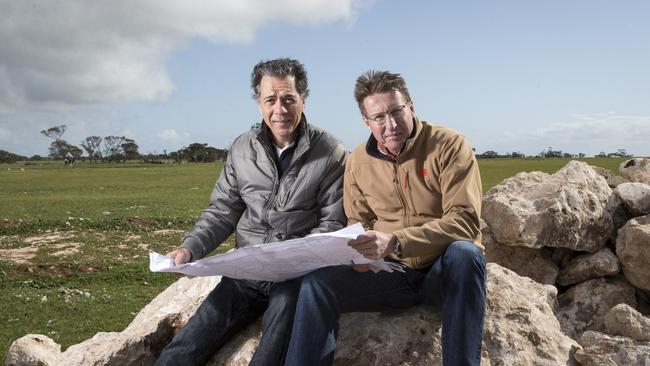 Businessman Sam Shahin (left) and V8 Supercar legend Mark Skaife say a motorsport park at Tailem Bend, south east of Adelaide, could be “the best facility in Australia”. Picture by Matt Turner.