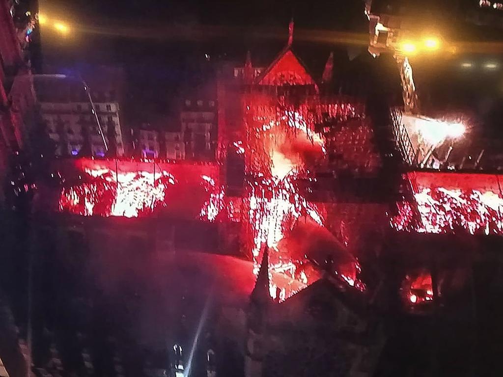 An aerial view of the Notre-Dame Cathedral engulfed in flames. Picture: Stringer / AFP