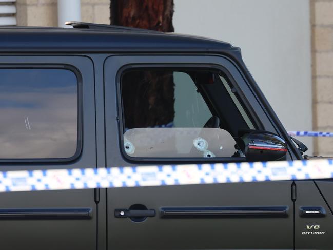 Sam Abdulrahim’s bullet-riddled Mercedes outside Fawkner Police station. Picture: Brendan Beckett