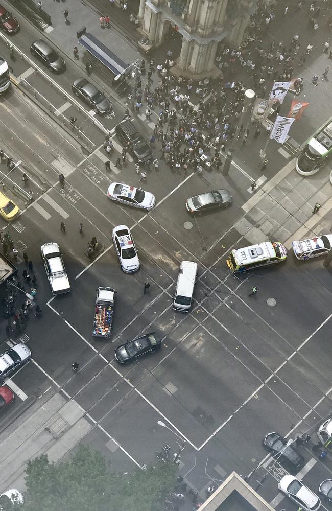 A police operation on Bourke Street in the Melbourne CBD today. Picture: Twitter