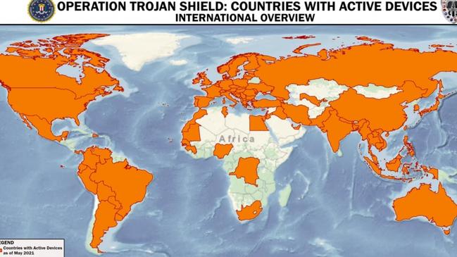 A world map showing where mobile phones with the AN0M app being used.