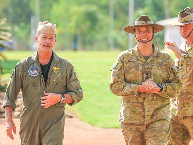 Commander of US military forces in the Indo-Pacific, Admiral John C. Aquilino with the Commander of 1st Brigade, Brigadier Nick Foxal at DarwinÃ&#149;s Robertson Barracks. Picture: Glenn Campbell