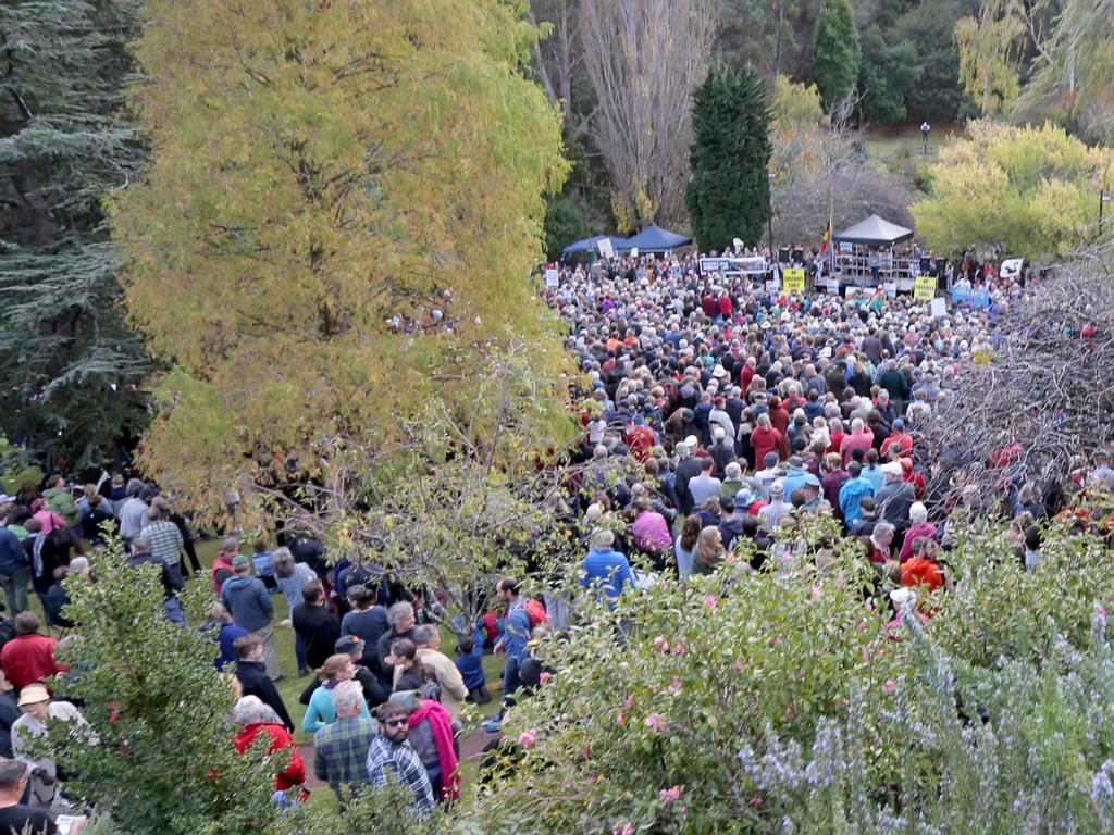 Thousands gathered for the Mountain Mayday Rally at the Cascade Gardens in South Hobart. Picture: PATRICK GEE