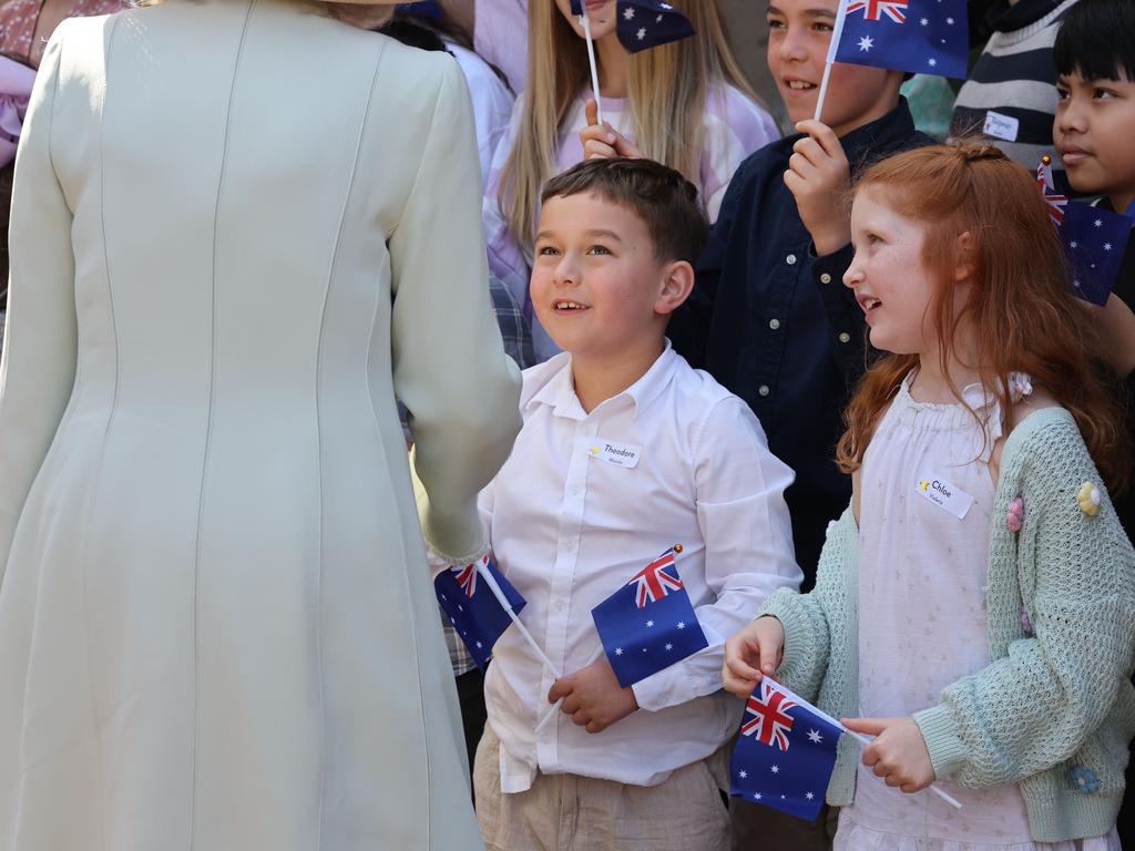 Children greet King Charles and Queen Camilla outside St Thomas’ Anglican Church in North Sydney. Picture: Rohan Kelly